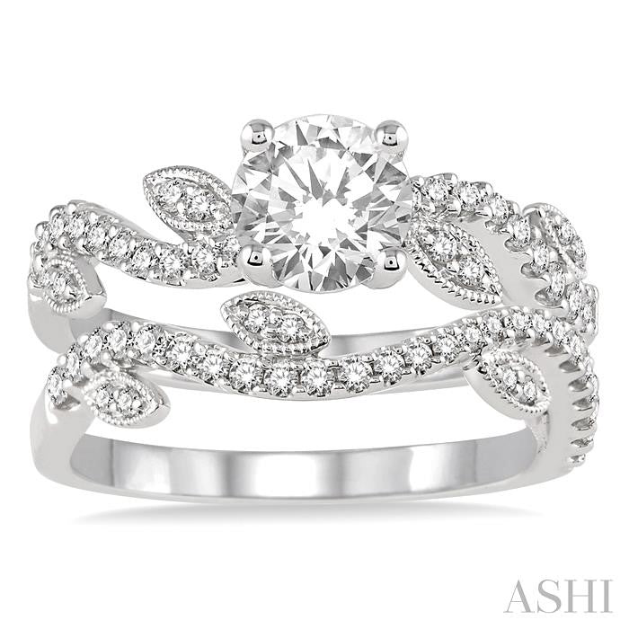 1 1/10 Ctw Diamond Wedding Set with 7/8 Ctw Round Cut Engagement Ring and 1/4 Ctw Wedding Band in 14K White Gold