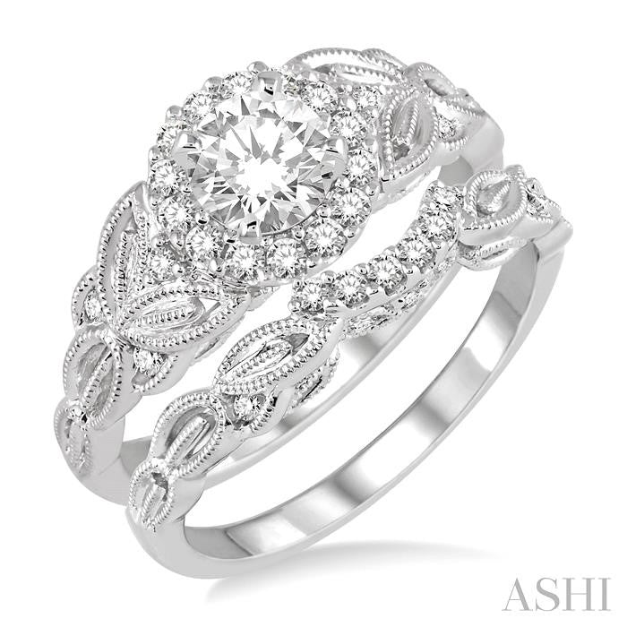 3/4 Ctw Diamond Wedding Set with 5/8 Ctw Round Cut Engagement Ring and 1/10 Ctw Wedding Band in 14K White Gold