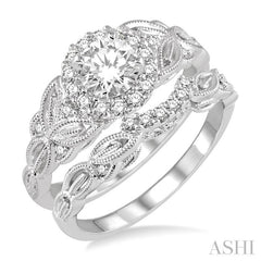 3/4 Ctw Diamond Wedding Set with 5/8 Ctw Round Cut Engagement Ring and 1/10 Ctw Wedding Band in 14K White Gold