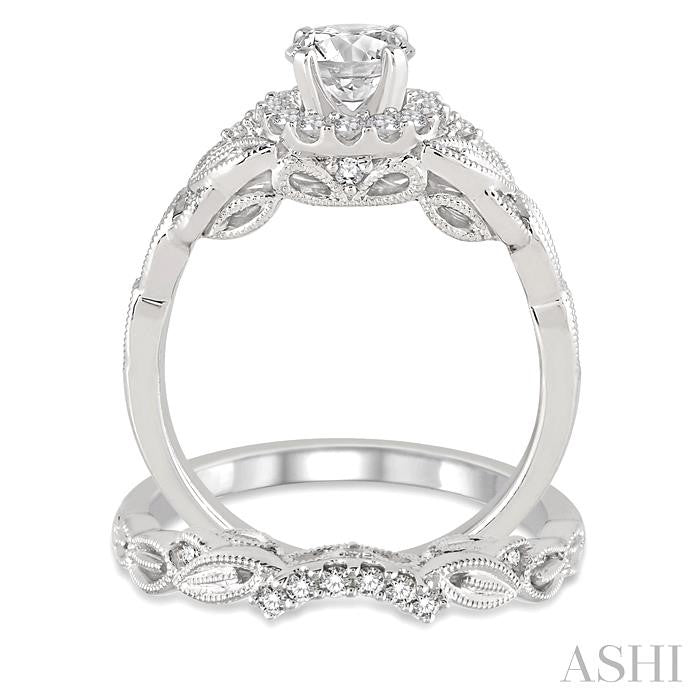 3/4 Ctw Diamond Wedding Set with 5/8 Ctw Round Cut Engagement Ring and 1/10 Ctw Wedding Band in 14K White Gold