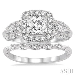 1 1/6 Ctw Diamond Wedding Set with 1 Ctw Round Cut Engagement Ring and 1/10 Ctw Wedding Band in 14K White Gold