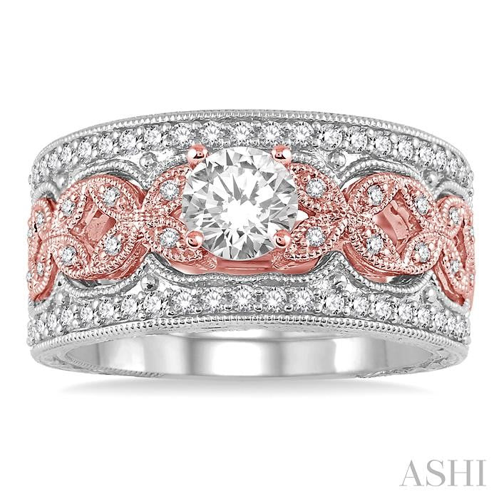 3/4 Ctw Diamond Wedding Set with 3/8 Ctw Round Cut Engagement Ring and Two 1/3 Ctw Wedding Band in 14K Rose and White Gold