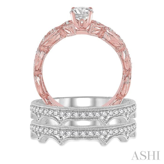 3/4 Ctw Diamond Wedding Set with 3/8 Ctw Round Cut Engagement Ring and Two 1/3 Ctw Wedding Band in 14K Rose and White Gold