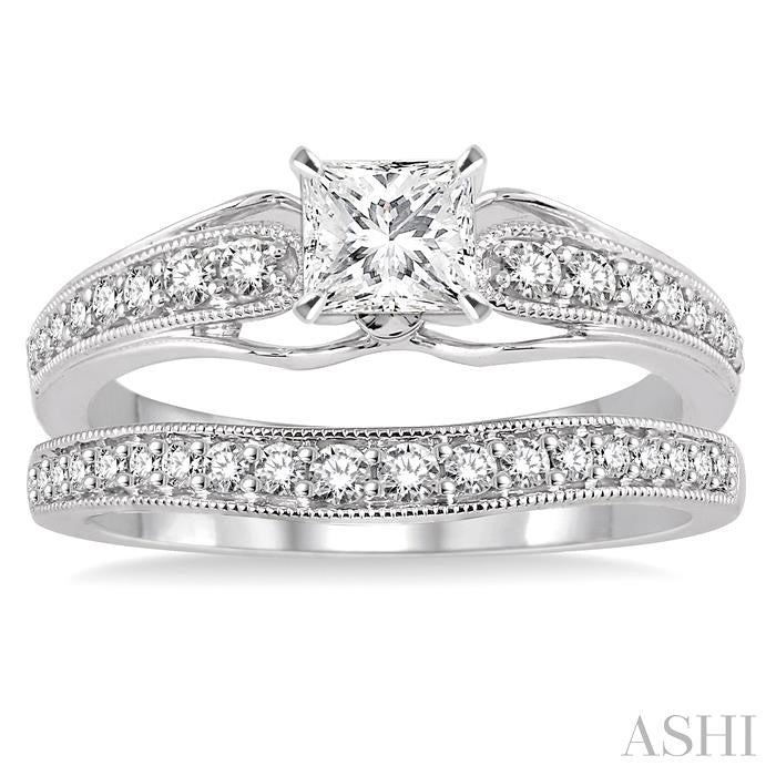 3/4 Ctw Diamond Wedding Set with 5/8 Ctw Princess Cut Engagement Ring and 1/5 Ctw Wedding Band in 14K White Gold
