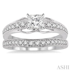 3/4 Ctw Diamond Wedding Set with 5/8 Ctw Princess Cut Engagement Ring and 1/5 Ctw Wedding Band in 14K White Gold