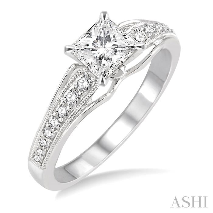 5/8 Ctw Diamond Engagement Ring with 3/8 Ct Princess Cut Center Stone in 14K White Gold