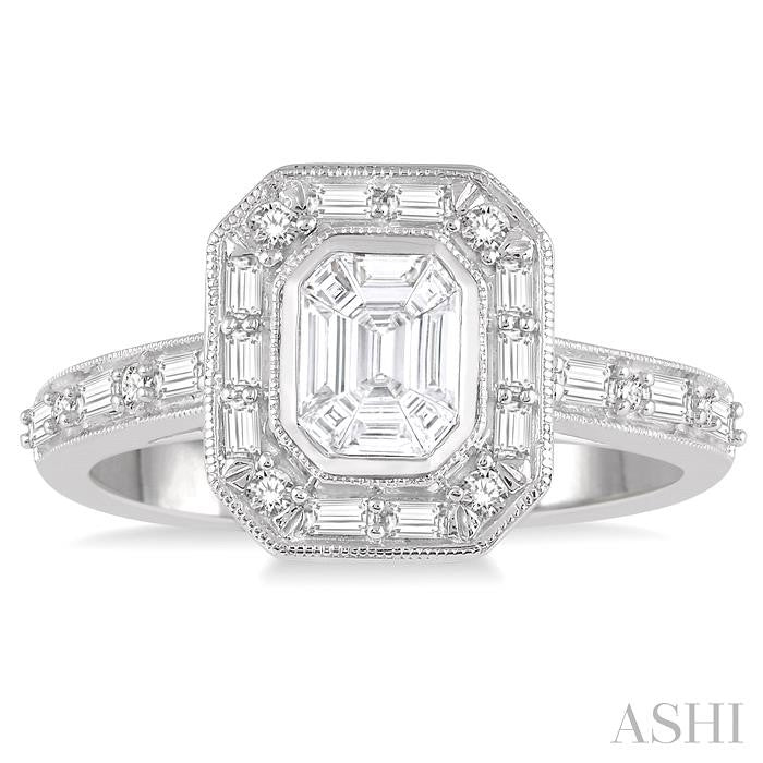 5/8 Ctw Fusion Emerald Cut, Baguette & Round Cut Diamond Ring in 14K White Gold