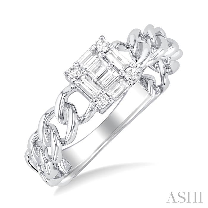 1/4 Ctw Fusion Baguette and Round Cut Diamond Curb & Cuban Link Fashion Ring in 14K White Gold