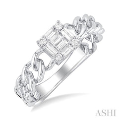 1/4 Ctw Fusion Baguette and Round Cut Diamond Curb & Cuban Link Fashion Ring in 14K White Gold