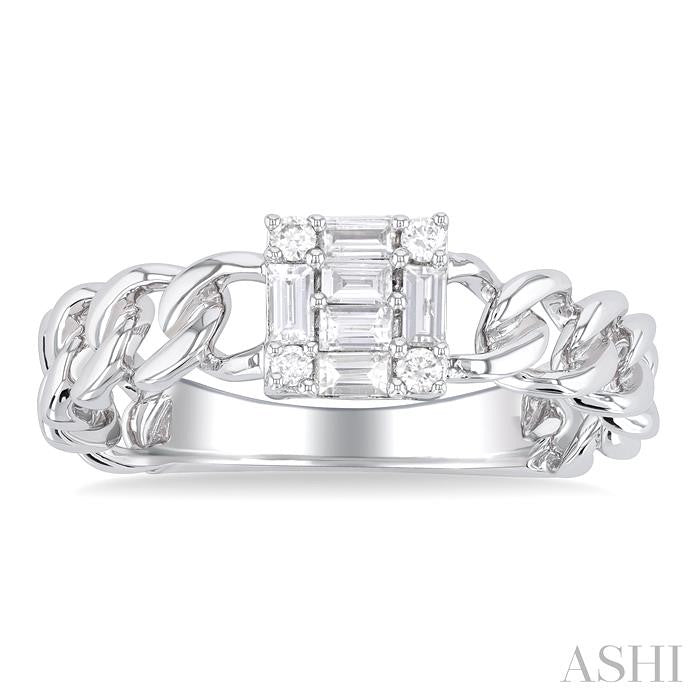 1/4 Ctw Fusion Baguette and Round Cut Diamond Curb & Cuban Link Fashion Ring in 14K White Gold