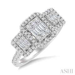 3/4 Ctw Octagonal Shape Tri-Mount Past, Present & Future Fusion Baguette and Round Cut Diamond Engagement Ring in 14K White Gold