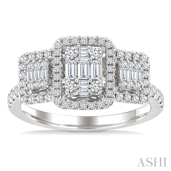 3/4 Ctw Octagonal Shape Tri-Mount Past, Present & Future Fusion Baguette and Round Cut Diamond Engagement Ring in 14K White Gold