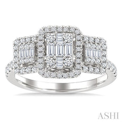 3/4 Ctw Octagonal Shape Tri-Mount Past, Present & Future Fusion Baguette and Round Cut Diamond Engagement Ring in 14K White Gold