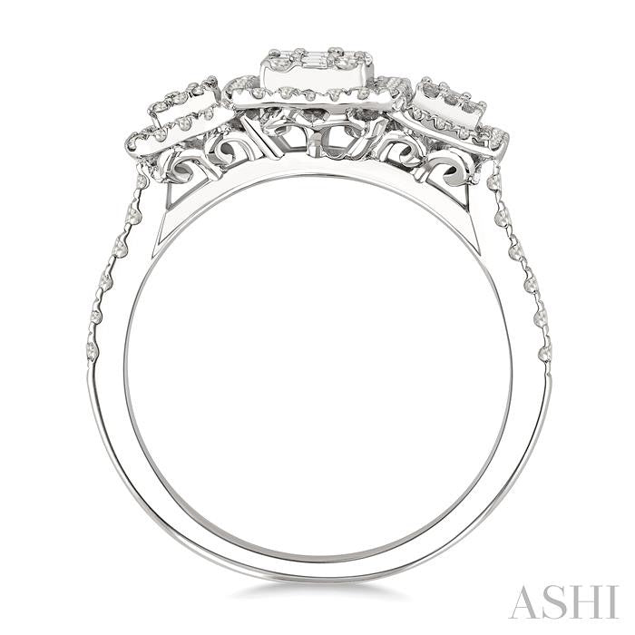 3/4 Ctw Octagonal Shape Tri-Mount Past, Present & Future Fusion Baguette and Round Cut Diamond Engagement Ring in 14K White Gold