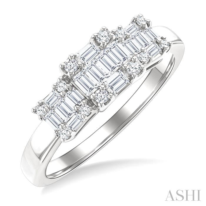 1/2 Ctw Past, Present & Future Baguette and Round Cut Diamond Fusion Fashion Ring in 14K White Gold