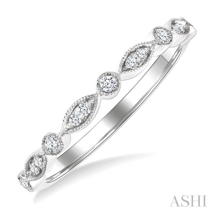 1/10 Ctw Marquise and Circular Motif Carved Round Cut Diamond Stackable Wedding Band in 14K White Gold