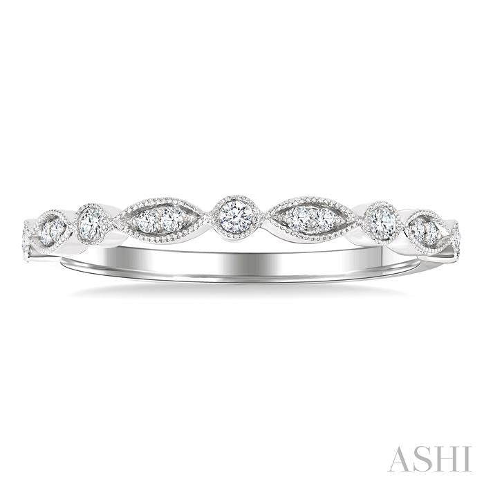 1/10 Ctw Marquise and Circular Motif Carved Round Cut Diamond Stackable Wedding Band in 14K White Gold