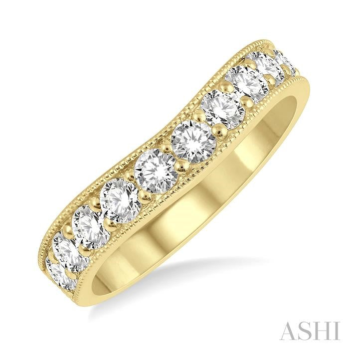 1 Ctw Curved Center Milgrain Border Round Cut Diamond Wedding Band in 14K Yellow Gold