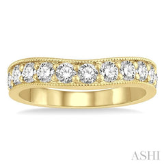 1 Ctw Curved Center Milgrain Border Round Cut Diamond Wedding Band in 14K Yellow Gold