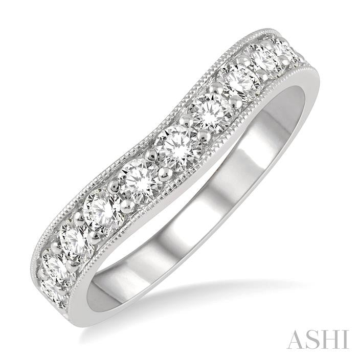 3/4 Ctw Curved Center Milgrain Border Round Cut Diamond Wedding Band in 14K White Gold
