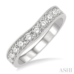 3/4 Ctw Curved Center Milgrain Border Round Cut Diamond Wedding Band in 14K White Gold