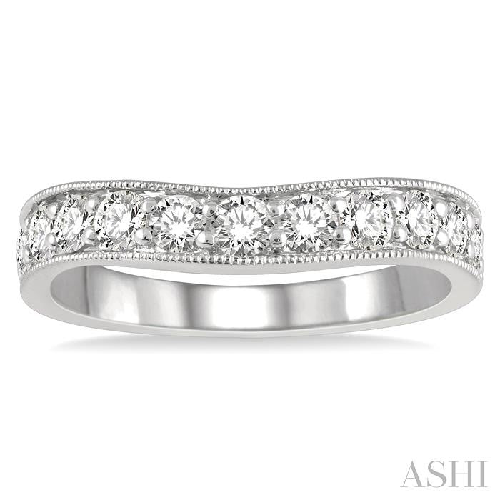 3/4 Ctw Curved Center Milgrain Border Round Cut Diamond Wedding Band in 14K White Gold