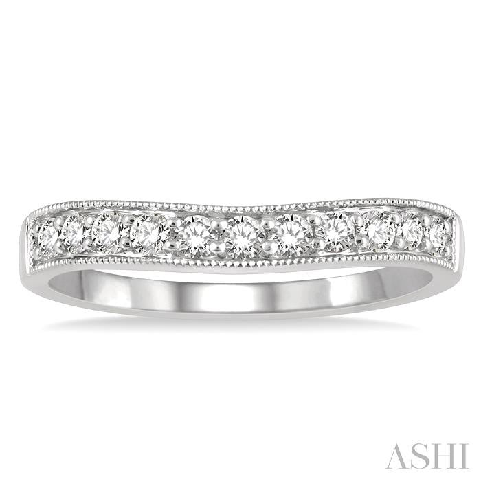 1/3 Ctw Curved Center Milgrain Border Round Cut Diamond Wedding Band in 14K White Gold