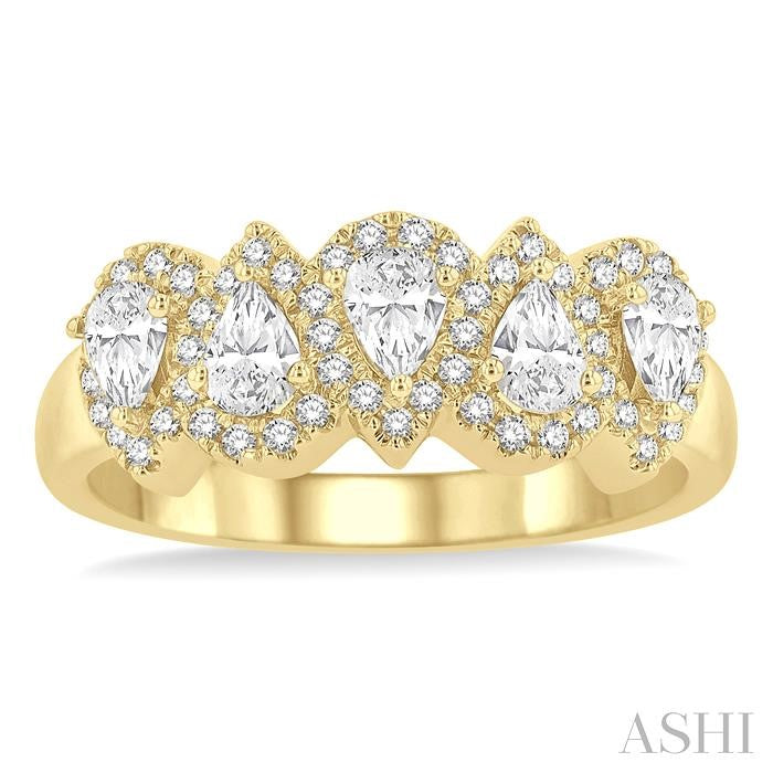 1 Ctw Pear Shape 5 Stone Pear & Round Cut Diamond Halo Wedding Band in 14K Yellow Gold
