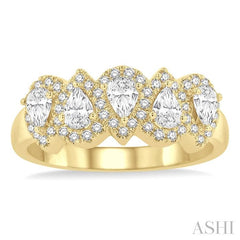 1 Ctw Pear Shape 5 Stone Pear & Round Cut Diamond Halo Wedding Band in 14K Yellow Gold