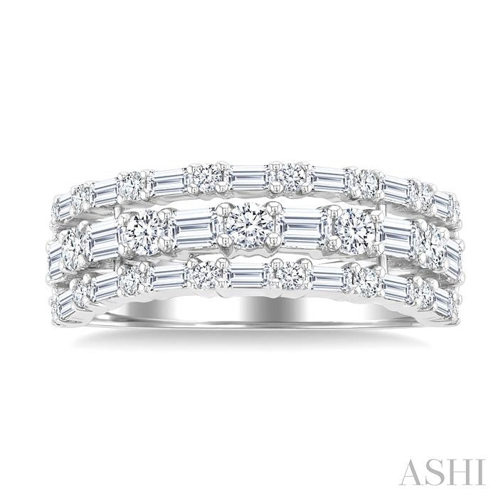 1 1/2 Ctw Triple Row Emerald, Baguette and Round Cut Diamond Fashion Band in 14K White Gold