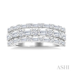1 1/2 Ctw Triple Row Emerald, Baguette and Round Cut Diamond Fashion Band in 14K White Gold