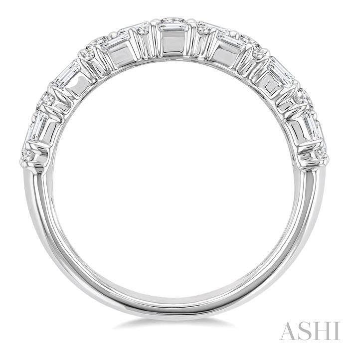 1 1/2 Ctw Triple Row Emerald, Baguette and Round Cut Diamond Fashion Band in 14K White Gold