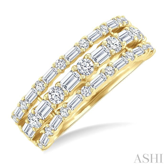 1 1/2 Ctw Triple Row Emerald, Baguette and Round Cut Diamond Fashion Band in 14K Yellow Gold