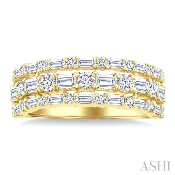 1 1/2 Ctw Triple Row Emerald, Baguette and Round Cut Diamond Fashion Band in 14K Yellow Gold