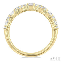 1 1/2 Ctw Triple Row Emerald, Baguette and Round Cut Diamond Fashion Band in 14K Yellow Gold
