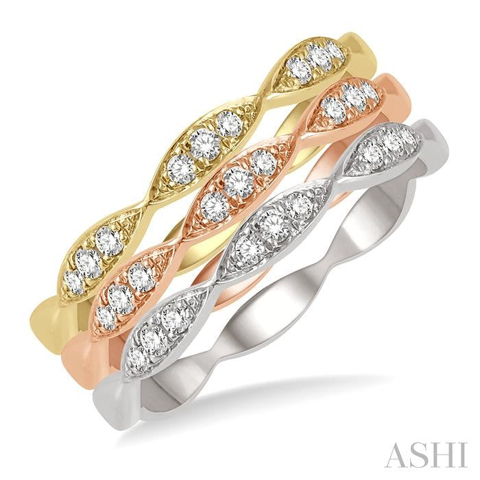 1/4 Ctw Marquise Link Triple Tone Round Cut Diamond Stackable Band Set in 14K White, Yellow and Rose Gold