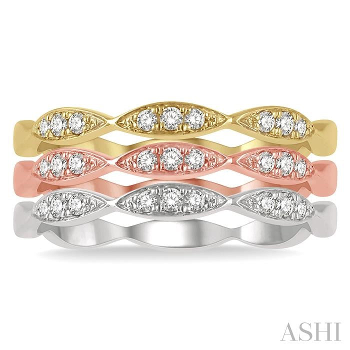 1/4 Ctw Marquise Link Triple Tone Round Cut Diamond Stackable Band Set in 14K White, Yellow and Rose Gold