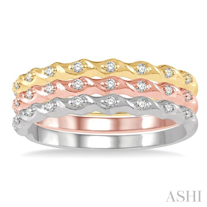 1/5 Ctw Twisted Top Three Tone Round Cut Diamond Stackable Band Set in 14K White, Yellow and Rose Gold