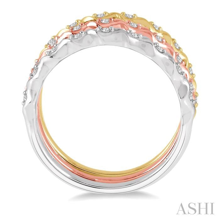 1/5 Ctw Twisted Top Three Tone Round Cut Diamond Stackable Band Set in 14K White, Yellow and Rose Gold