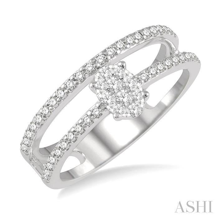 1/3 Ctw Twin Band Oval Shape Lovebright Round Cut Diamond Fashion Ring in 14K White Gold