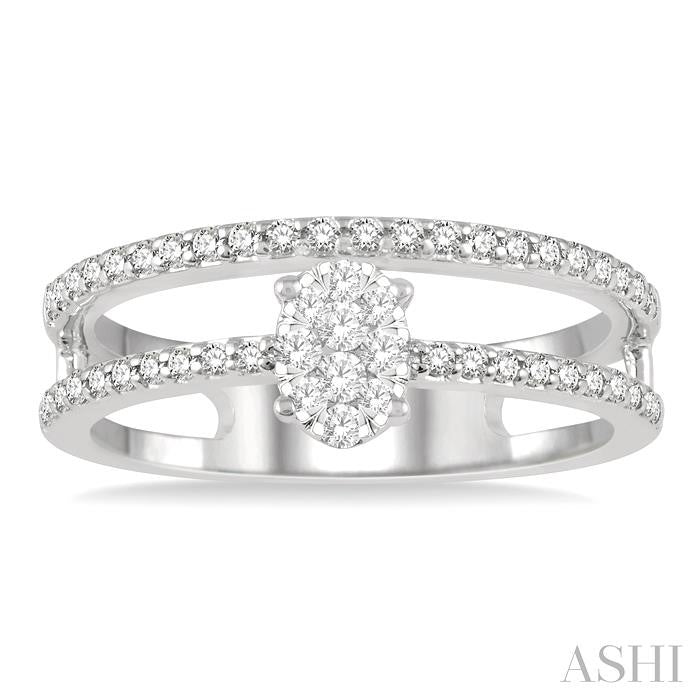 1/3 Ctw Twin Band Oval Shape Lovebright Round Cut Diamond Fashion Ring in 14K White Gold