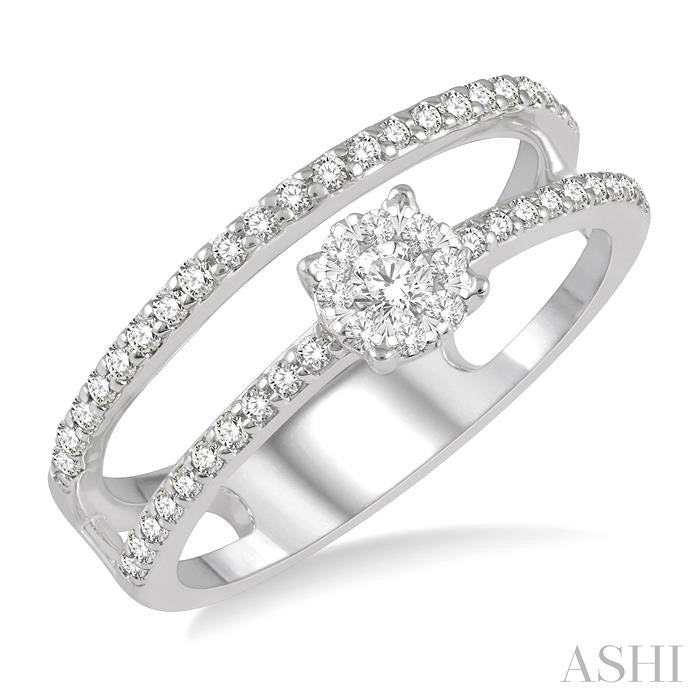 1/3 Ctw Twin Band Round Shape Lovebright Round Cut Diamond Fashion Ring in 14K White Gold