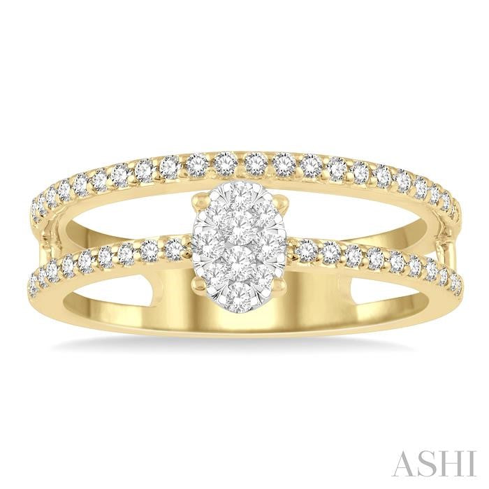 1/3 Ctw Twin Band Oval Shape Lovebright Round Cut Diamond Fashion Ring in 14K Yellow and White Gold