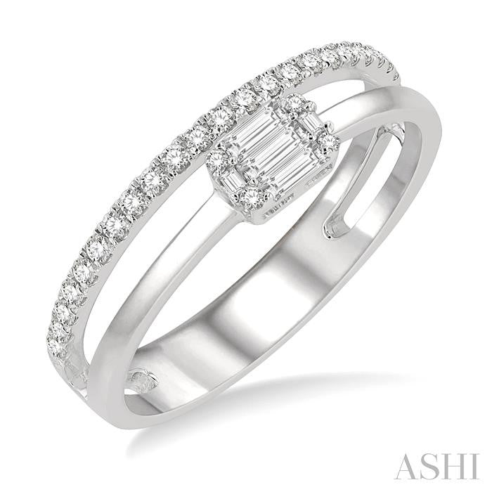 1/4 Ctw Twin Band Baguette and Round Cut Diamond Fusion Fashion Ring in 14K White Gold