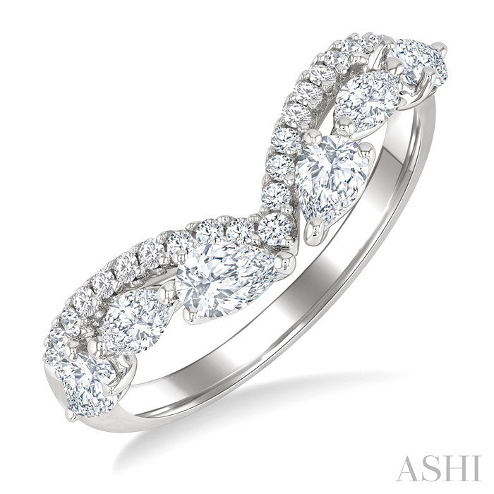 7/8 Ctw Curved Chevron Mixed Shape Diamond Cut Fashion Ring in 14K White Gold
