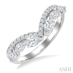 7/8 Ctw Curved Chevron Mixed Shape Diamond Cut Fashion Ring in 14K White Gold