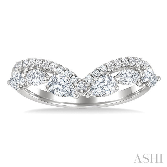 7/8 Ctw Curved Chevron Mixed Shape Diamond Cut Fashion Ring in 14K White Gold