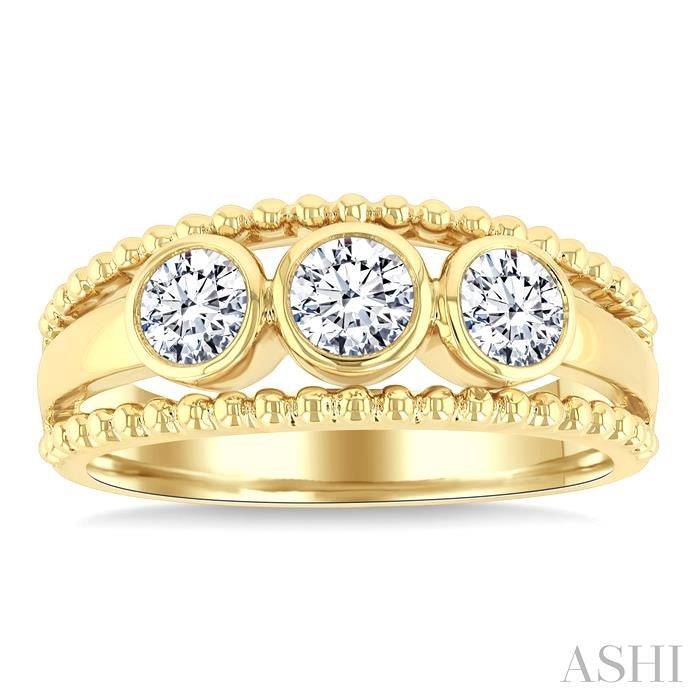 3/4 Ctw 3-Stone Bezel Set Round Cut Diamond Fashion Ring in 14K Yellow Gold