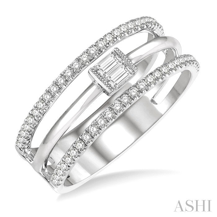 1/3 Ctw Three Row Layered Baguette & Round Diamond Fashion Ring in 14K White Gold