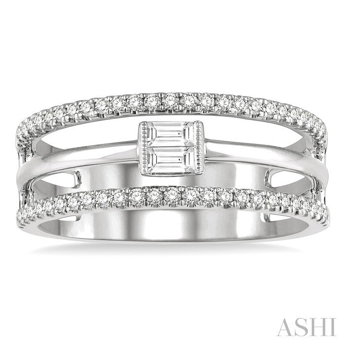 1/3 Ctw Three Row Layered Baguette & Round Diamond Fashion Ring in 14K White Gold